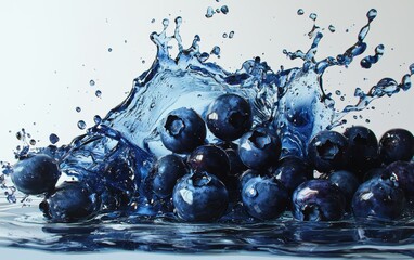 Lush blueberries with a deep blue juice splash, creating a dynamic composition on a pure white surface