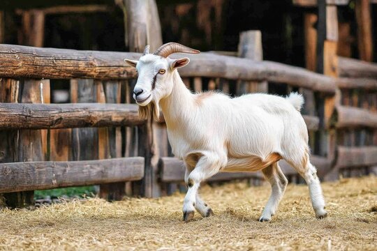 A goat is running freely within a fenced enclosure