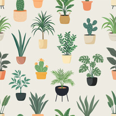 Vector Seamless Pattern With Houseplants In Modern Pots. Houseplants With Green Leaves, Stylish Pots, Minimalist Design. Template For Houseplants Decor, Houseplants Art, Wallpapers, Fabric Prints