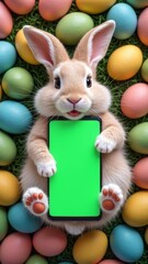 Easter bunny portrait holding chroma key phone in paws with eggs, phone with green screen. vertical mock up for advertising, Rabbit using showing smartphone, online shopping, care, pet goods