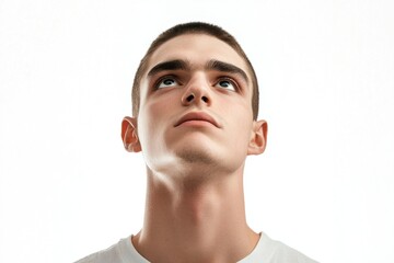 Fototapeta premium A man in a white shirt looking upwards, possibly contemplating or searching for something