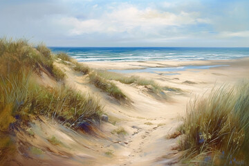 light and airy impressionism landscape painting of a beach with a sandy path and waves with puffy clouds. using muted browns, blues, and white. tonalism