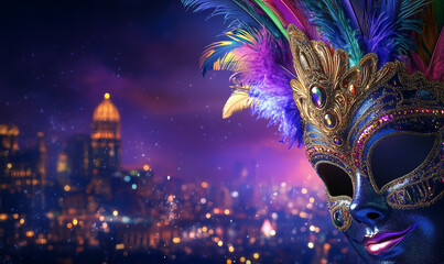 Mardi Gras carnival background with colorful masks and feathers on a purple banner for design, with space for text. Illuminated night city background.