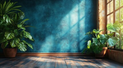 Indoor Plants in a Sunlit Room with Blue Wall