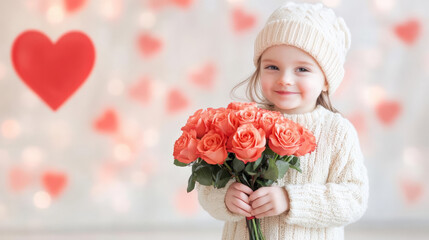 cheerful girl in cozy sweater holding bouquet of roses