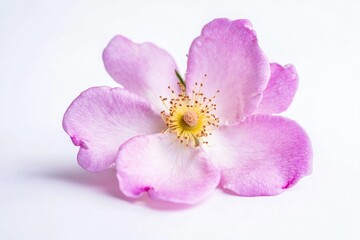 A single pink flower sits on a clean white surface