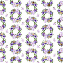 Seamless pattern with watercolor wreath of violet spring, summer flowers on white. Perfect for textile, fabric, wrapping, bedding, design paper, backdrop, wall hanging, wallpaper, scrapbooking