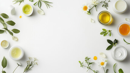 Minimalist Flat Lay of Natural Oils, Serums, and Skincare Creams on a White Background with Open Space for Custom Messaging, Ideal for Beauty, Wellness, and Skincare Promotions