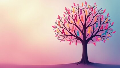 Obraz premium Vibrant Tree Ribbon Art Brings Pink and Blue Awareness to Breast Cancer Fight on World Cancer Day