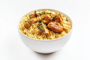 A simple white bowl filled with cooked rice and sliced meat, great for food or lifestyle images