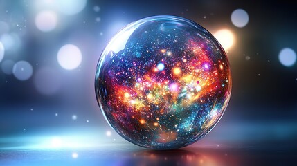 Fototapeta premium A delicate abstract sphere filled with a floating galaxy of glowing luminous orbs