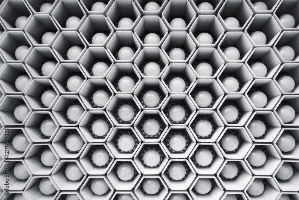 Poster a close up shot of a hexagonal pattern with white spheres in each cell.