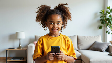 A smiling African American girl with curly hair holding a smartphone in a modern living room – Digital safety, Social media awareness, Safer Internet Day concept