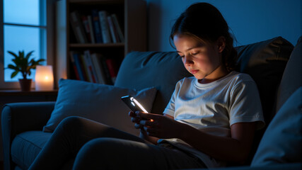A child reading a smartphone in the evening on a couch, illuminated by a lamp – Technology use, Internet safety, Digital protection, Safer Internet Day