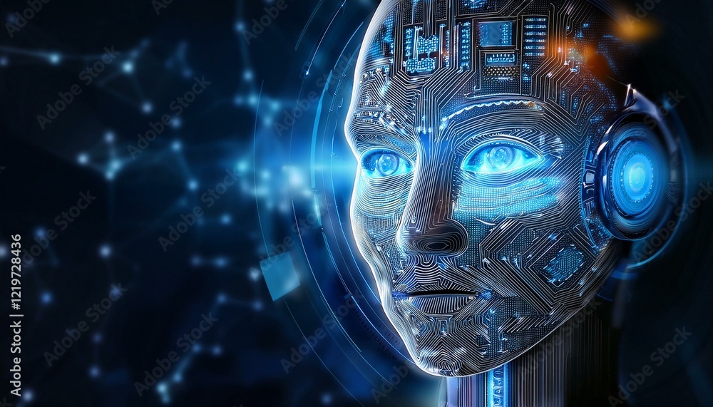 Poster a close-up of a humanoid robot's face, revealing intricate circuitry and glowing blue eyes. the back