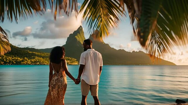 African American couple on honeymoon in Bora Bora.