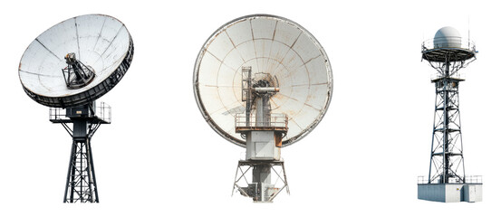 Three distinct satellite dishes isolated on a transparent background, showcasing various designs and structures for communication