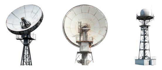 Three distinct satellite dishes isolated on a transparent background, showcasing various designs and structures for communication