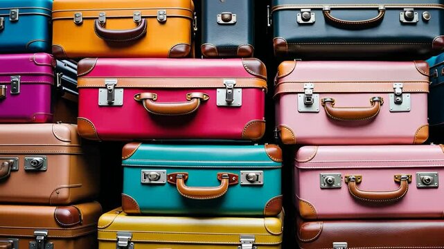 Pile of colorful suitcases at the airport.