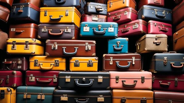 Pile of colorful suitcases at the airport.