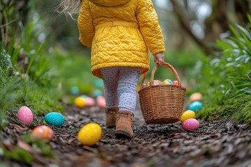 Festive Easter Egg Hunt Scene with Colorful Eggs Scattered in Joyful Revelry, Delightful Spring Celebration