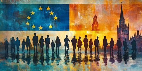 Silhouettes of diverse individuals against the European Union flag and landmarks. Ideal for themes of diversity, collaboration, and cultural unity in Europe.