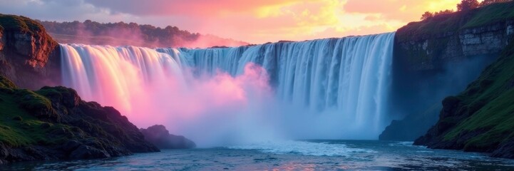 Colourful mist rising from the base of a majestic waterfall, landscape, atmospheric, scenery