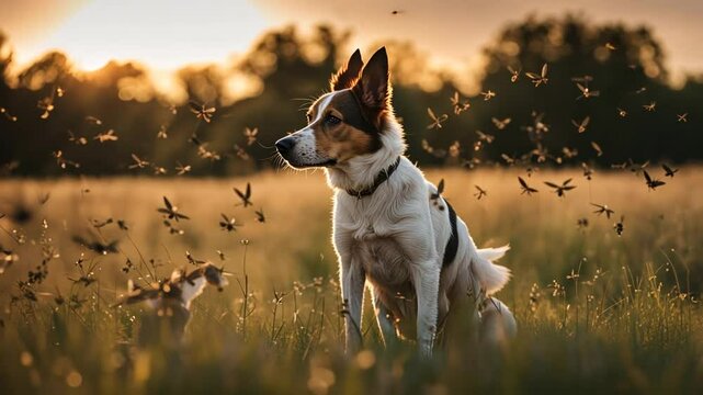 Dog surrounded by many mosquitoes.