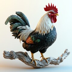 Fototapeta premium Colorful rooster perched on weathered branch.