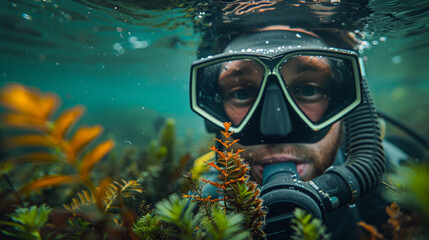 A man in a scuba suit is underwater, looking at the camera