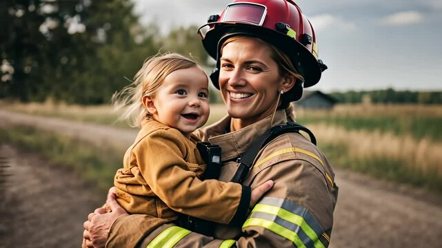 Female firefighter with a child in her arms.