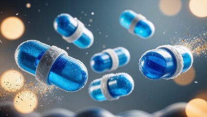 Blue tablets fall against a background with space for your text or design. Studio background