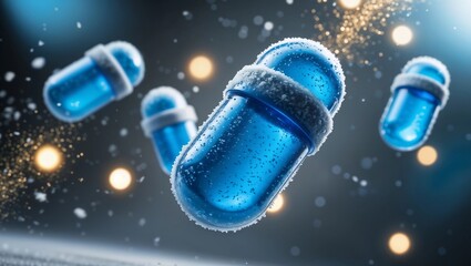 Blue tablets fall against a background with space for your text or design. Studio background