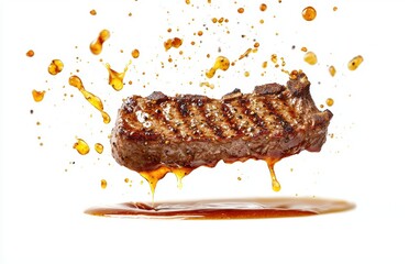 Juicy sirloin steak floating with sizzling hot marinade splashes, bright white background