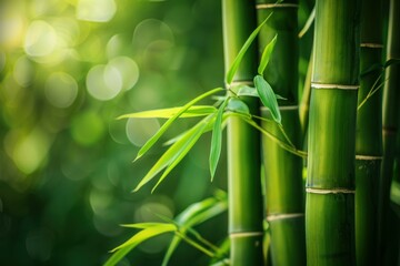 Close up of vibrant green bamboo stalks and leaves thriving in dappled sunlight, creating a serene natural backdrop
