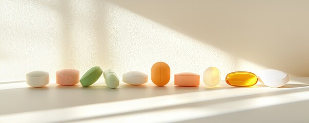 A serene arrangement of colorful pills and supplements on a light surface, illuminated by natural sunlight, creating a calming atmosphere.