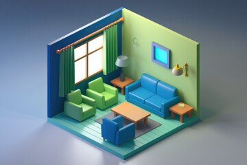 Isometric view of a living room with a couch  chairs and a table