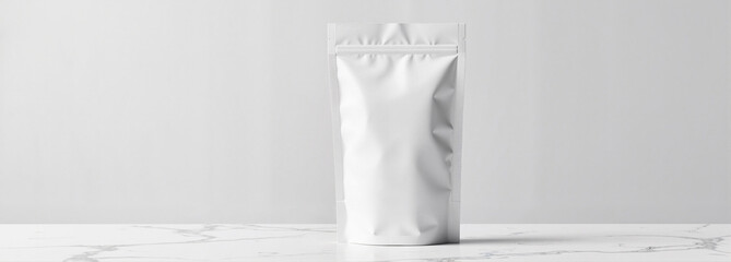 Sachet Mockup of a plain white packaging bag on marble surface