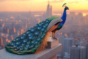 Majestic peacock perched atop cityscape, sunset.