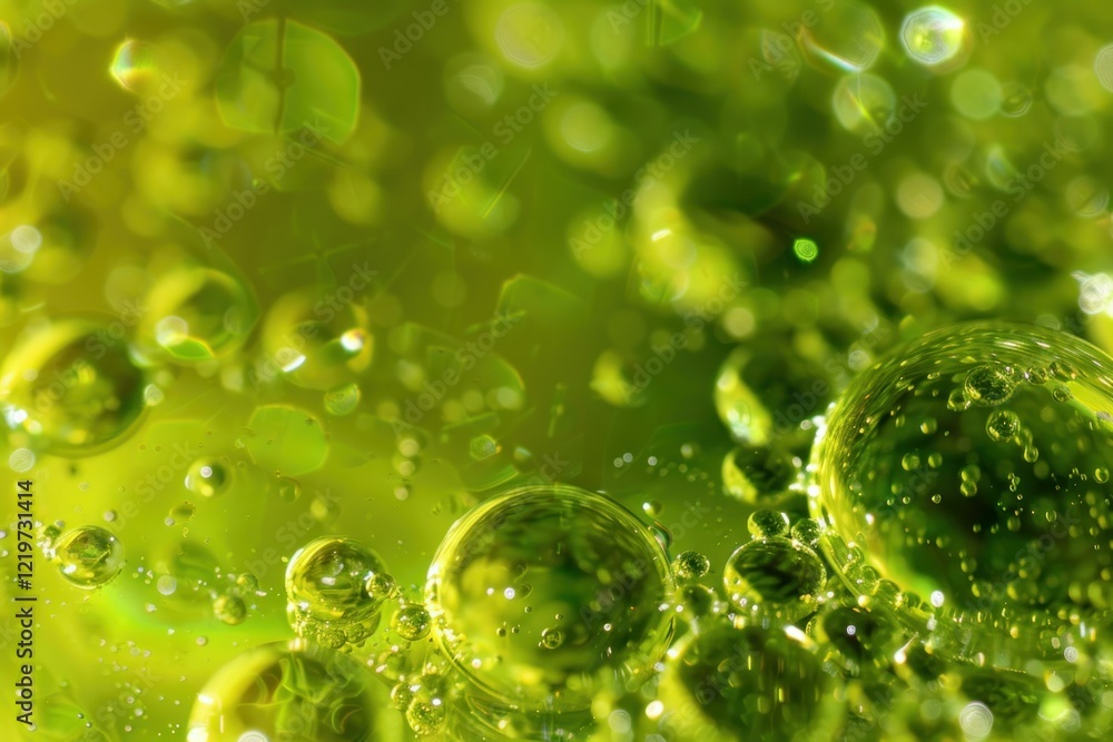 Poster green oil bubbles creating abstract pattern reflecting light and forming beautiful textures