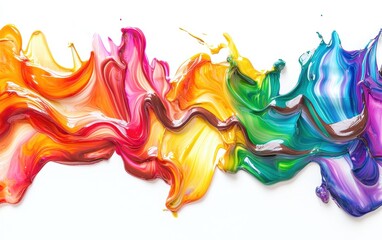 Lush rainbow chocolate river with glossy reflections, captured in motion against a pure white background