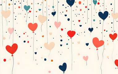 Whimsical abstract wallpaper with hearts, balloons, and confetti, perfect for celebrations like Valentine's Day or Mother's Day