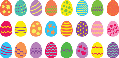 Easter eggs drawing clipart set. Happy easter egg flat clip art collection in colorful and multicolored paint art for traditional hunting celebration. Vector illustration flat oval shape elements.
