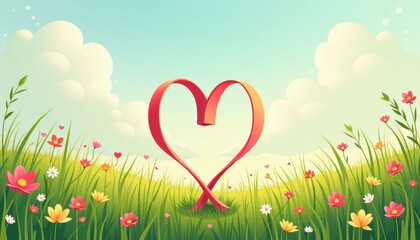 Peaceful Meadow Scene with Heart-Shaped Ribbon for World Cancer Day