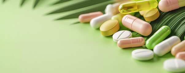 A vibrant assortment of colorful vitamins and supplements resting on a green surface, surrounded by tropical leaves, highlighting health and wellness.