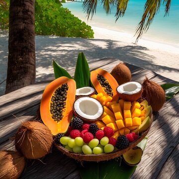 Tropical fruit platter with papaya, mango, coconuts, and berries on a beachside table