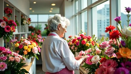 cheerful elderly woman arranging vibrant flowers in a flower shop, surrounded by colorful bouquets and natural light, joyful and festive, Valentines Day, florists, flower shop