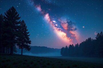 Fototapeta premium Comet's tail illuminates a tranquil forest landscape under starry skies, serene, trees, nature