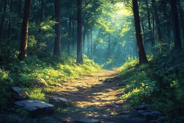 Fototapeta premium Serene Hiking Trail Adventure in Sunlit Forest with Winding Path through Dense Foliage and Trees