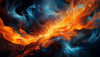Fototapeta premium fiery explosion of orange flames amidst swirling blue and black smoke creating a dramatic and intense abstract scene of energy and chaos